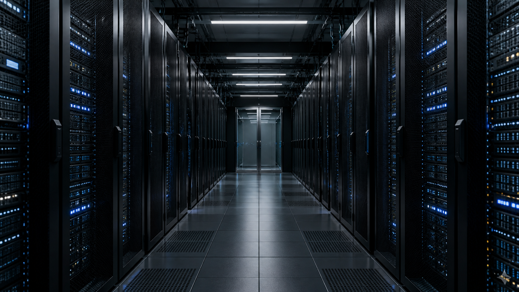 Rows of server racks in a controlled data centre corridor