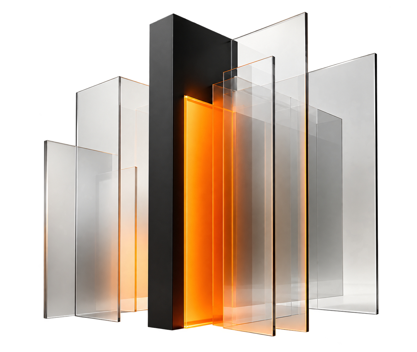 Abstract glass and orange panels representing deployment and integration
