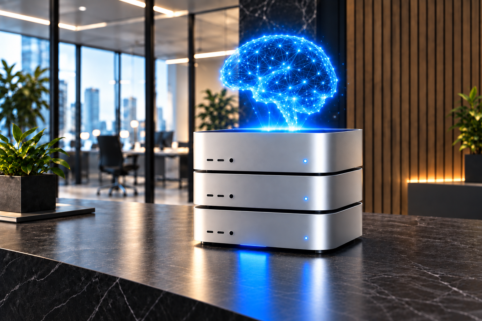 Stacked compact local AI workstations with a glowing neural network visualisation